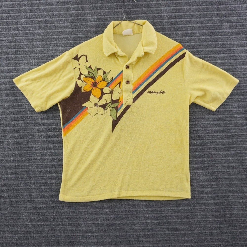 Vintage 70s Lightning Bolt Polo Shirt Mens L Yellow Terry Cloth Rainbow Floral